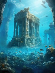 The ruins of an ancient Greek temple lie in the depths of the ocean, overgrown with coral and surrounded by schools of fish.