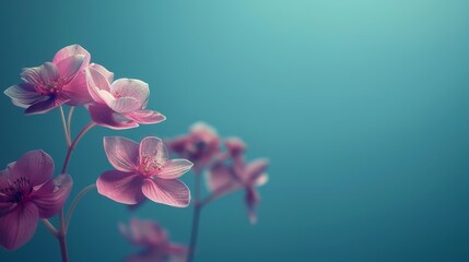   Group of pink flowers nestled together against a backdrop of green and blue, with a blue sky overhead