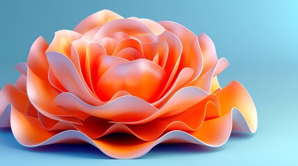   A 3D image of a large orange flower against a blue backdrop, featuring a droplet of water emerging from the flower's center