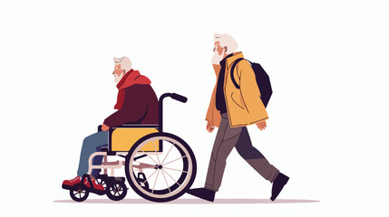 Obraz na płótnie Canvas Old woman strolling with elder grey haired man in wheel chair