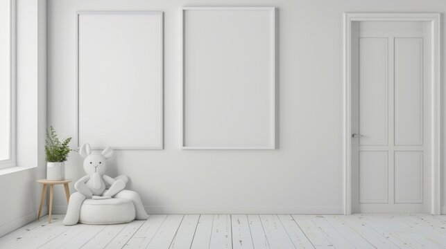 A white room with a teddy bear sitting on a bean bag chair. The room is empty and has a minimalist feel