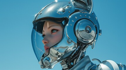 Cyborg cat girl with a fully enclosed metal helmet, chrome set with silver and chrome accents highlighted against a vibrant blue background.