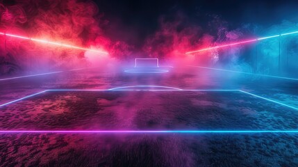 Dynamic Atmosphere Textured Soccer Game Field with Neon Fog Creating a Vibrant Scene at the Center and Midfield
