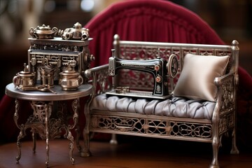 Neo-Victorian Sewing Room Inspirations: Sterling Silver Thimble Set and Bustle Couch Showcase - obrazy, fototapety, plakaty