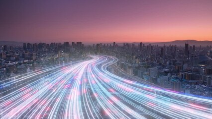 smart city digital transformation development concept,aerial view of band of lights running over modern urban cityscape illuminating the town,new fast internet communication 5g technology - Powered by Adobe