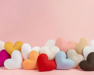 Obraz premium Collection of colorful fabric hearts shaped pillow on a soft pastel background, minimalist composition.
