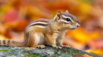   A tight shot of a small squirrel atop a rock, surrounded by leaves in the foreground Background softly blurred