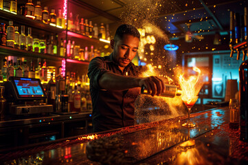 With a flourish, a bartender conjures a visually stunning cocktail. Fire flickers within the shot glass, illuminating the dark yellow and deep crimson layers of the drink.