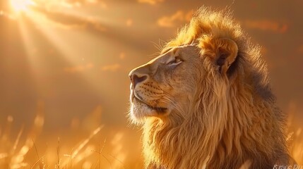   A tight shot of a lion in a lush grassfield Sunlight filters through the clouds behind - obrazy, fototapety, plakaty
