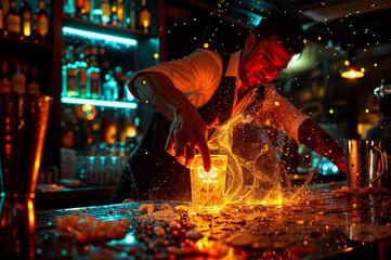 A skilled bartender ignites a dazzling spectacle of fire as they craft a vibrant cocktail, sparks dancing against the dark yellow and crimson hues of the drink. 