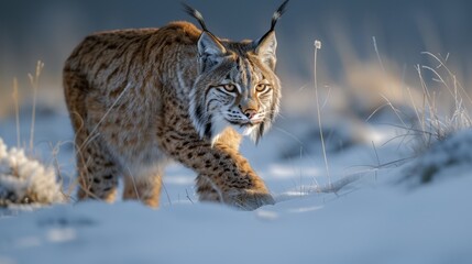   A tight shot of a Lynx traversing snowy terrain, head tilted to the side, eyes fixated