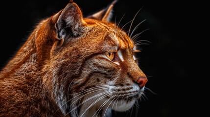 Obraz premium A cat's face in tight focus against black backdrop, illuminated by light filtering through its eyes