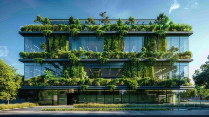Harmony with Nature Sustainable Glass Office Building Embracing Eco-Friendly Practices, Featuring Trees for CO2 Reduction
