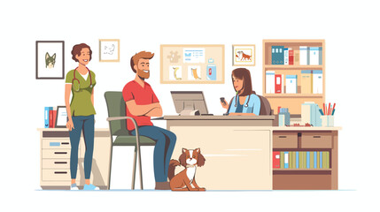 Pet veterinary clinic. Man with dog on reception in vector