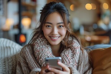 Warm portrait of a smiling Asian woman wrapped in a cozy sweater while engaging with her smartphone in a comfortable indoor setting