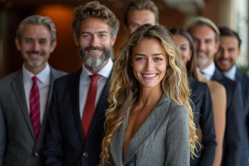 Businesswoman smiling confidently in front of a team of male executives