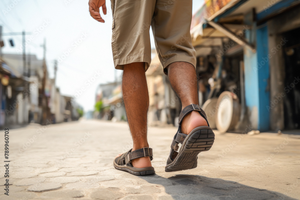 Wall mural young man wearing sandals and walking