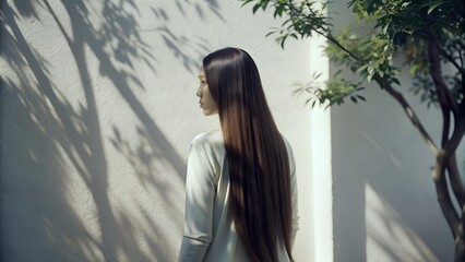 Asian Woman with Long Hair in Photorealistic Style, Framed by Tree Shadows