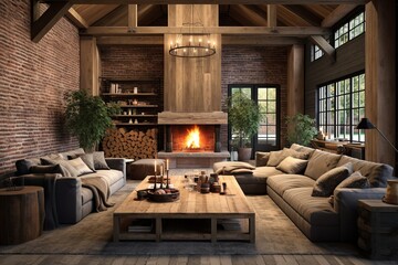 Fototapeta na wymiar Exquisite Rustic Barn Conversion Living Room: Exposed Brick, Wooden Beams, Rustic Lighting, Comfy Furniture