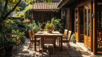 Fototapeta na wymiar Maintaining Outdoor Elegance: Regular Patio Covering, Revitalizing Wood Color with Oil, and Brown-Painted Furniture 