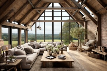 Farmhouse Style: Rustic Barn Conversion Living Room Ideas with Large Windows and Wooden Accents