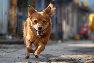 dog on the street running to the camera