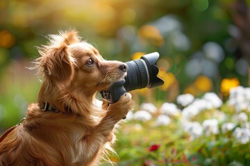 A golden retriever taking a picture of flowers in the garden