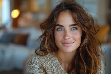An engaging close-up of a woman with a warm smile and sparkling eyes, radiating natural beauty and friendliness