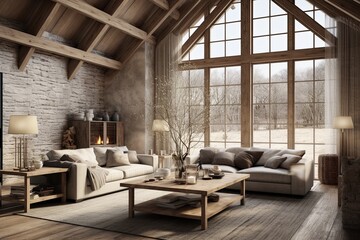 Fototapeta na wymiar Farmhouse Living: Rustic Barn Conversion with Large Windows and Wooden Accents