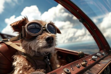 An adventure dog in his plane, on a mission