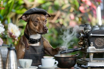 dog in a cafe, making a cup of coffee