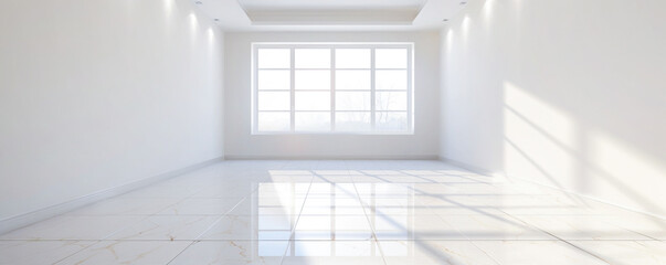 Blank modern living room, white bright and glossy tiles with large window.