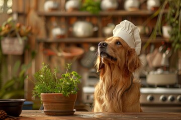 A golden retriever with cook hat on in the morning light