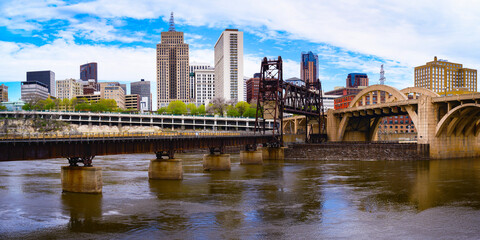 St. Paul City in Minnesota, skyline, skyscrapers, and railroad over Mississippi River in the Upper Midwestern United States