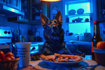 german shepherd dog, at night, eating pizza