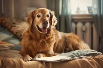 A senior golden retriever dog, reading a book