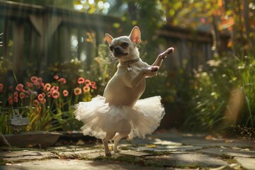 A dancing chihuahua on white skirt in a garden