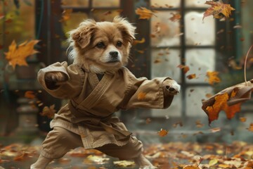 A puppy as a kungfu master, standing with 2 legs