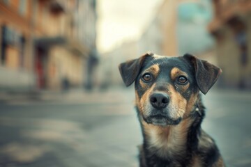 a close-up shot of a dog on the street