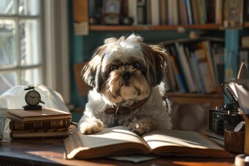 puppy reading a book in the morning