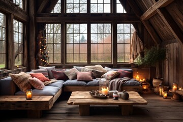 Obraz na płótnie Canvas Reclaimed Wood Coffee Table & Cozy Cushions: Rustic Barn Conversion Living Room Ideas