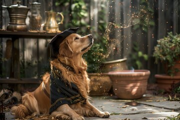 dog in the garden with magic particles