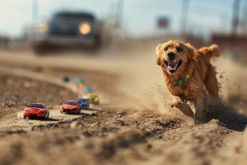 dog running in the sand with car toys, golden retriever