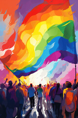 Fototapeta premium A crowd of people holds a colorful rainbow flag. The flag flies in the air and people walk in line. Concept of unity, equality and gender. Ai generated