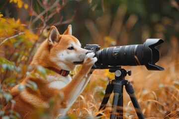 dog in the forest, taking a picture using DSLR camera