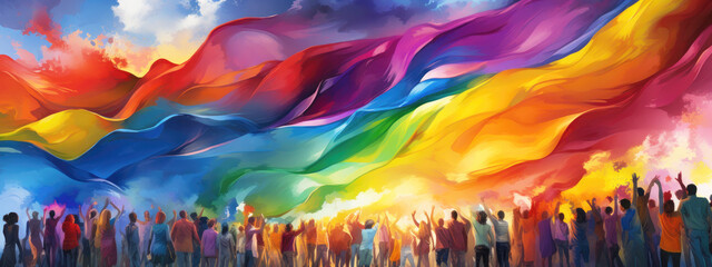 A panoramic painting of a crowd of people holding rainbow flags. The painting conveys a sense of unity and celebration. equality and unity concept of the Lgbtiq community. Ai generated