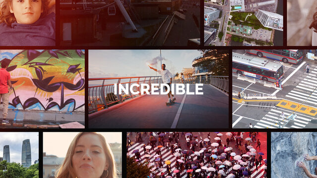 Multiframe Media Opener Slideshow template contains 56 media placeholders, 6 text placeholders, and 1 logo placeholder. Available in 4K.