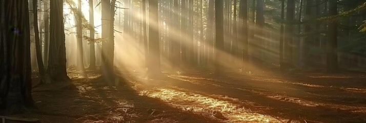 Redwood Forest in Sunlight, Green Pine Trees in Sunlight Rays Falling, Copy Space
