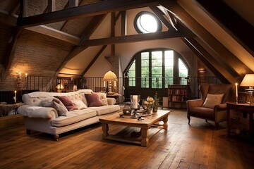 Fototapeta na wymiar Wood Floors & Warm Lighting: Rustic Barn Conversion Living Room Ideas