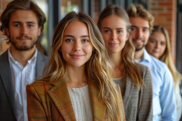 Fototapeta premium A close-up of a young professional woman's smiling face with her focused team in casual business attire in the background, conveying teamwork and leadership